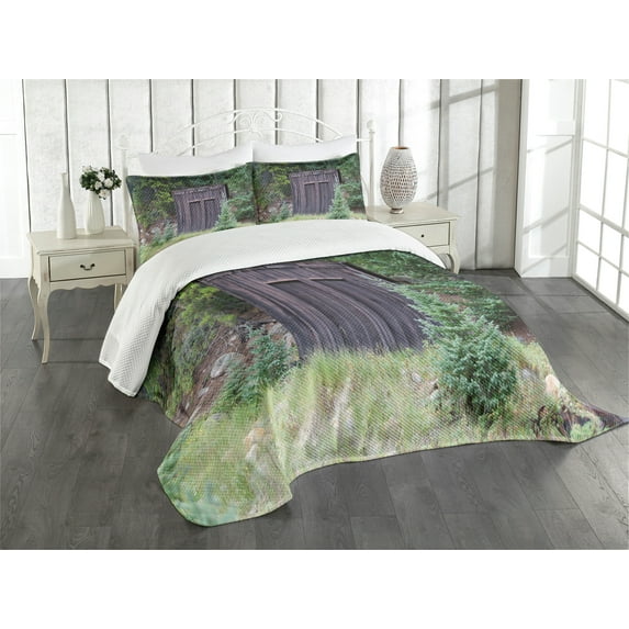 Ambesonne Outhouse Quilted Bedspread Set 3 Pcs, Cottage in Farm Forest, Queen Size, Dark Brown and Green