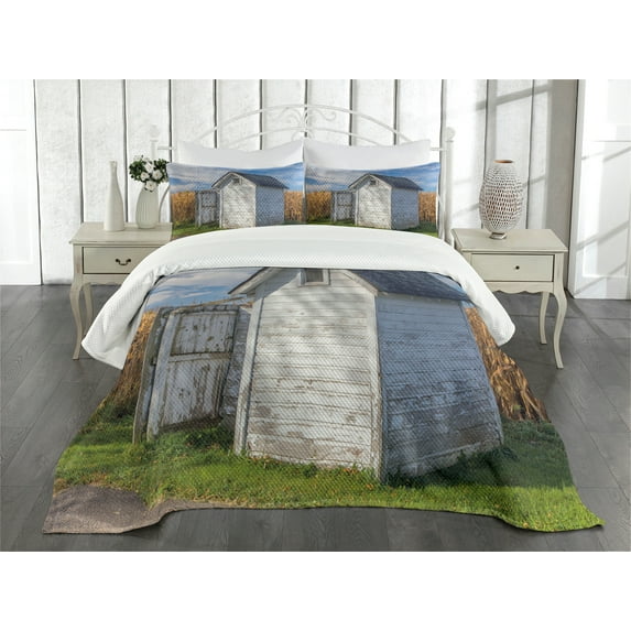 Ambesonne Outhouse Quilted Bedspread Set 3 Pcs, Country Cottage Wheat, King Size, Marigold White