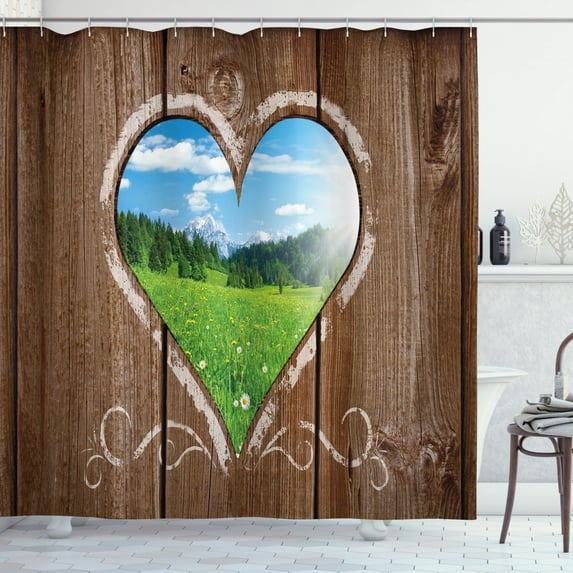 Ambesonne Outhouse Shower Curtain, Farm House Chalk Heart, 69"Wx70"L, Brown Blue and Green