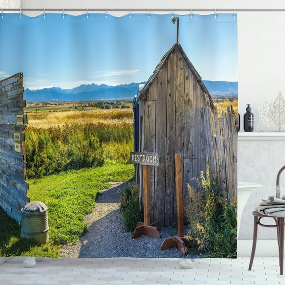 Ambesonne Outhouse Shower Curtain, Farm Village Rustic, 69"Wx70"L, Dark Grey Sky Blue