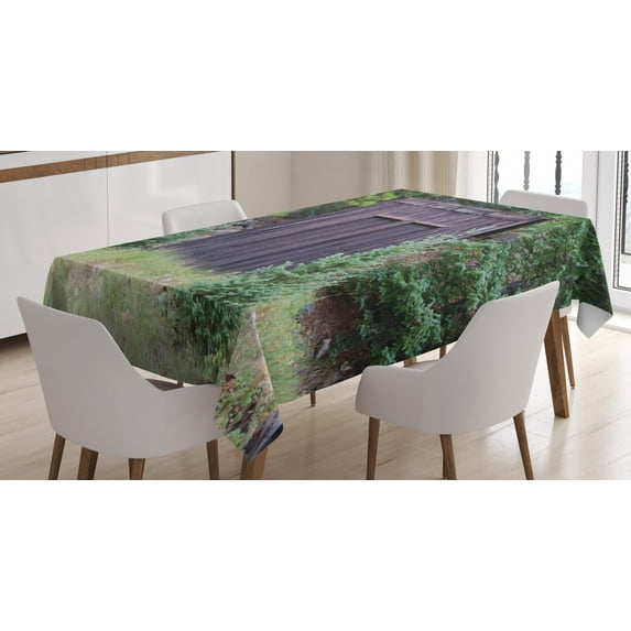 Ambesonne Outhouse Tablecloth Rectangular Table Cover, Cottage in Farm Forest, 60"x84", Dark Brown and Green