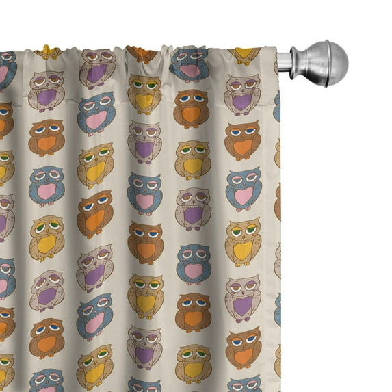 Ambesonne Owl Window Curtains, Night Birds with Hearts Art, Each 28" W x 63" L, Multicolor Pale Mustard