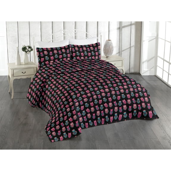 Ambesonne Owl Bird Quilted Bedspread Set 3 Pcs, Night Animal Boho Cartoon, Twin, Magenta Teal and Peach
