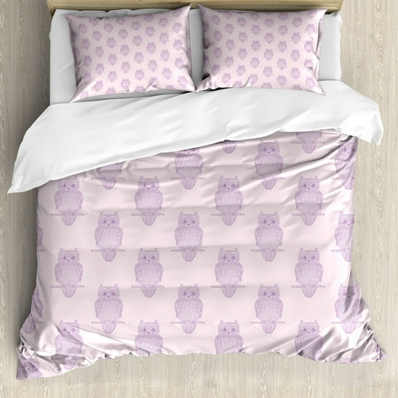 Ambesonne Owl Duvet Cover Set, Nocturnal Bird Motif Drawings, 2-Calking, Rose and Lilac