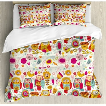 Ambesonne Owl Duvet Cover Set, Sixties Style Abstract Bird, King, Multicolor
