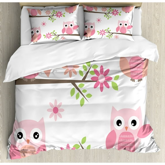 Ambesonne Owl Duvet Cover Sets, Spring Floral Owls, 2-King, White Green Pink