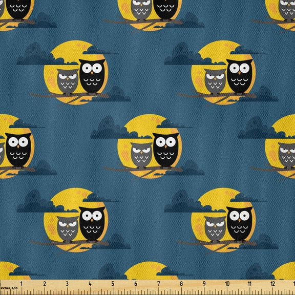 Ambesonne Owl Fabric by the Yard Microfiber, Birds on Branches Full Moon, 5 Yards, Dark Sky Blue Yellow