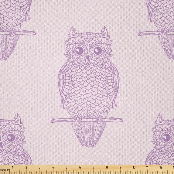 Ambesonne Owl Fabric by the Yard Microfiber, Nocturnal Bird Motif Drawings, 5 Yards, Rose and Lilac