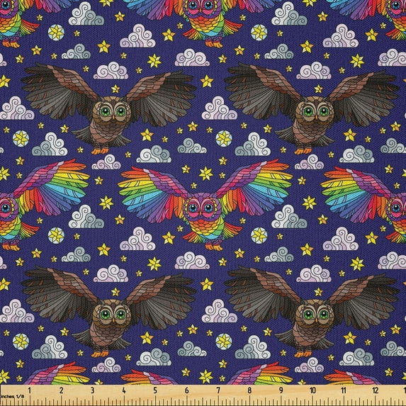 Ambesonne Owl Fabric by the Yard Microfiber, Rainbow Colored Night Birds, 5 Yards, Navy Blue Warm Taupe