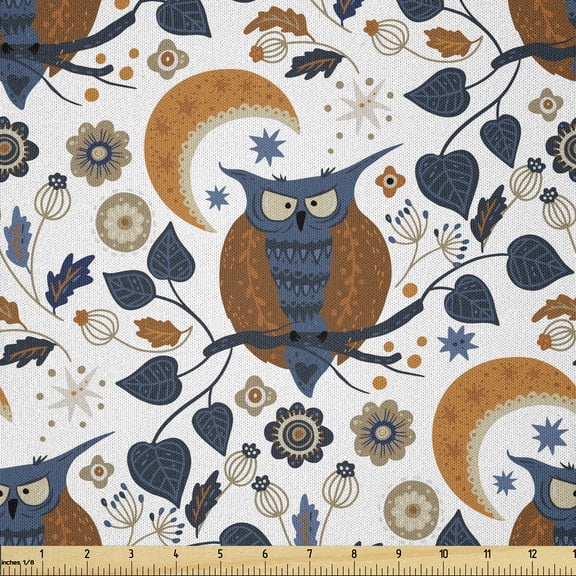 Ambesonne Owl Fabric by the Yard Microfiber, Scandinavian Style Birds Art, 3 Yards, Burnt Orange and Slate Blue