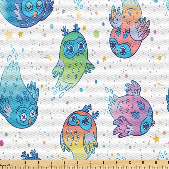 Ambesonne Owl Fabric by the Yard Upholstery, Fantasy World Ghost Creatures, 1 Yard, Deep Sky Blue Multicolor