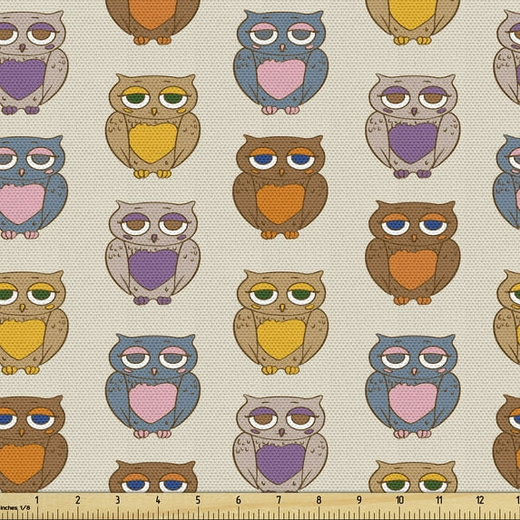 Ambesonne Owl Fabric by the Yard Upholstery, Night Birds with Hearts Art, 3 Yards, Multicolor Pale Mustard