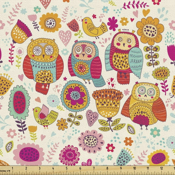 Ambesonne Owl Fabric by the Yard Upholstery, Sixties Style Abstract Bird, 3 Yards, Multicolor