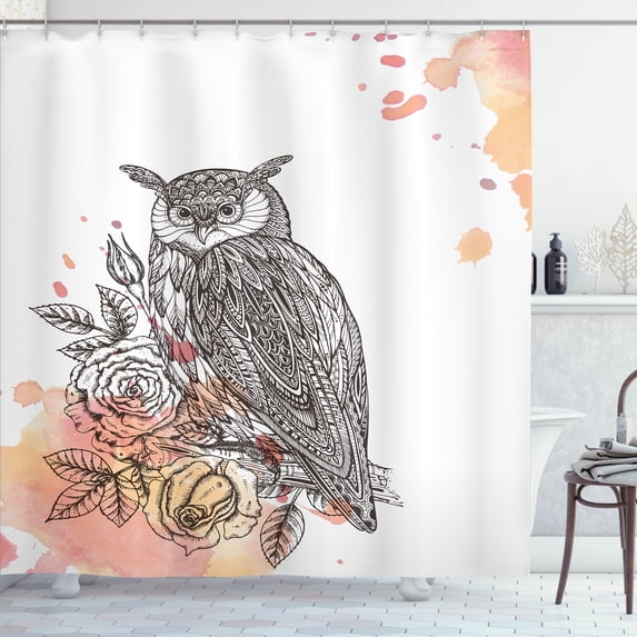 Ambesonne Owl Feather Shower Curtain, Bird on Peachy Splashes, 69"Wx75"L, Peach Blush and Dark Taupe