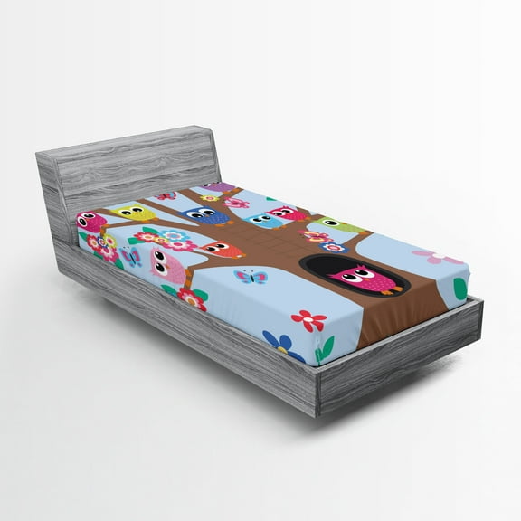 Ambesonne Owl Fitted Sheet, Birds and Butterflies, Twin Size, Multicolor
