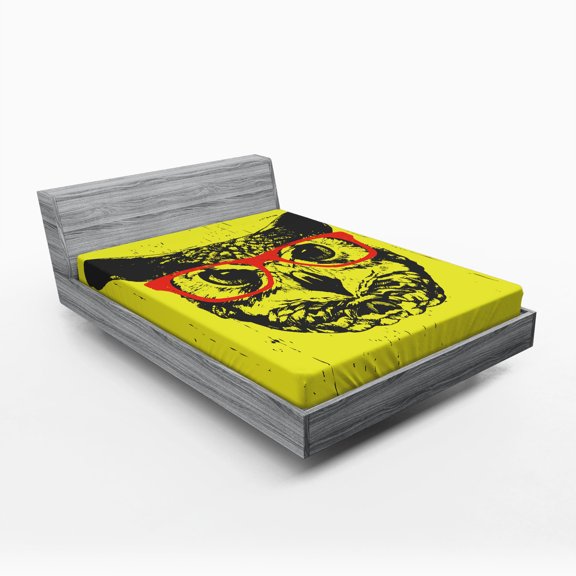 Ambesonne Owl Fitted Sheet, Hipster Grunge Humorous, Queen Size, Dark Grey Yellow Red