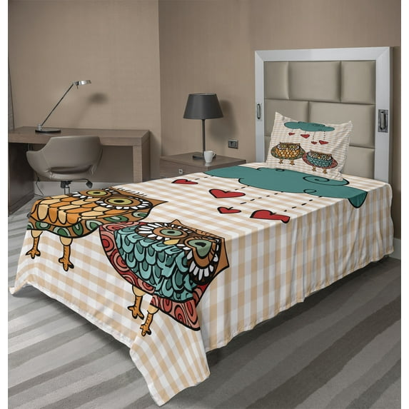 Ambesonne Owl Fitted & Top Sheet Set with Sham, Bird Couple in Love Rain Cloud, Teal and Peach