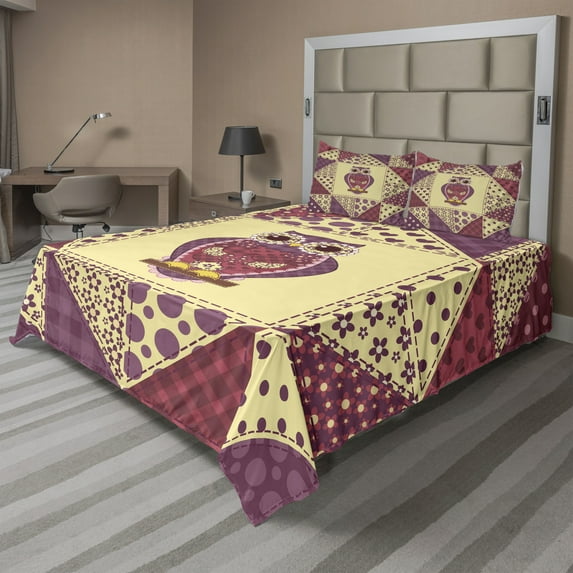 Ambesonne Owl Fitted & Top Sheet Set with Shams, Nocturnal Animal Pattern, Purple Pink Yellow