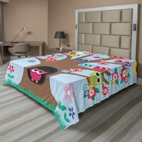 Ambesonne Owl Flat Sheet, Birds and Butterflies, California King, Multicolor