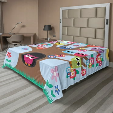 Ambesonne Owl Flat Sheet, Birds and Butterflies, California King, Multicolor