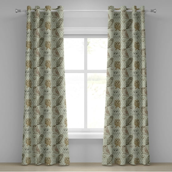 Ambesonne Owl Grommet Curtain, Sketch Cat Looking Birds, 50" x 96", Brown Reseda Green