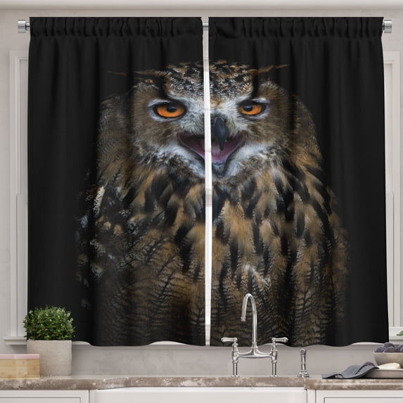 Ambesonne Owl Kitchen Curtains, Modern Night Bird Animal Print, 55"x45", Dark Orange and Warm Taupe