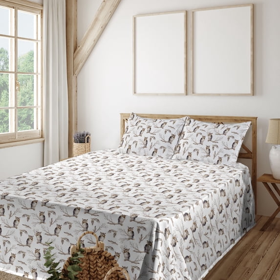 Ambesonne Owl Lover Fitted & Flat Sheet with Shams 4 Pcs Set, Autumn Forest Birds Print, Calking, Pale Brown Grey White