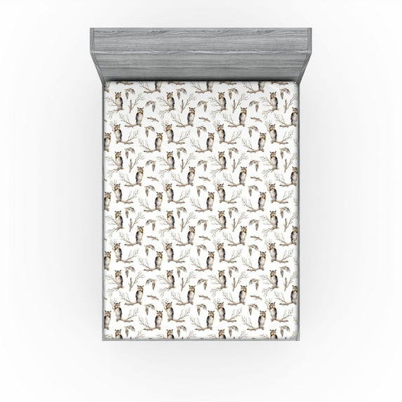 Ambesonne Owl Lover Fitted Sheet, Autumn Forest Birds Print, Queen Size, Pale Brown Grey White