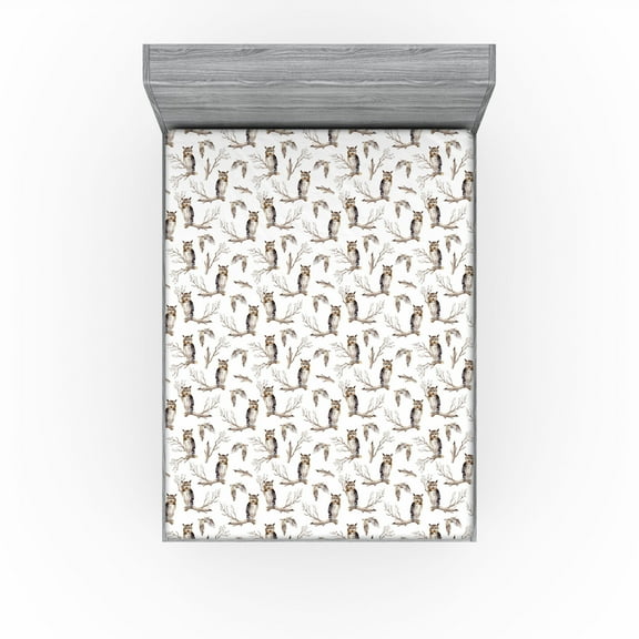 Ambesonne Owl Lover Fitted Sheet, Autumn Forest Birds Print, Queen Size, Pale Brown Grey White