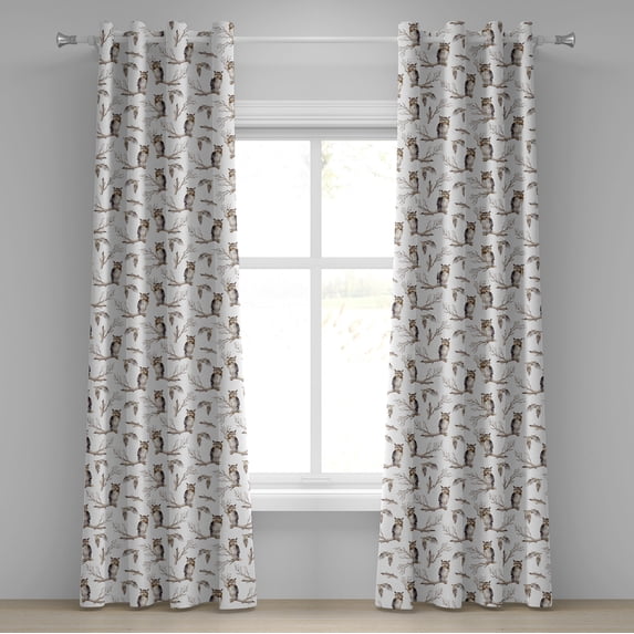 Ambesonne Owl Lover Grommet Curtain, Autumn Forest Birds Print, 50"x108", Pale Brown Grey White
