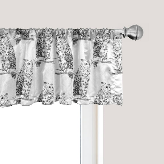 Ambesonne Owl Lover Window Valance, Repeating Pattern of Monochrome Sketch of Bird on Branch Print, Curtain Valance for Kitchen Bedroom Decor with Rod Pocket, 54" X 18", Charcoal Grey and White