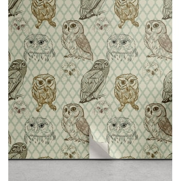 Ambesonne Owl Peel & Stick Wallpaper for Home, Sketch Cat Looking Birds, 13"x100", Brown Reseda Green