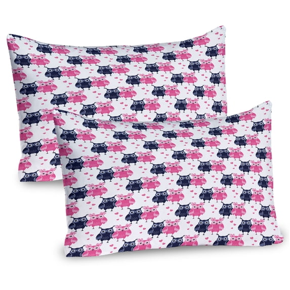 Ambesonne Owl Pillow Sham 2 Pack, Valentines Animals Lovebirds, 36"x20", Navy Blue Pink and White