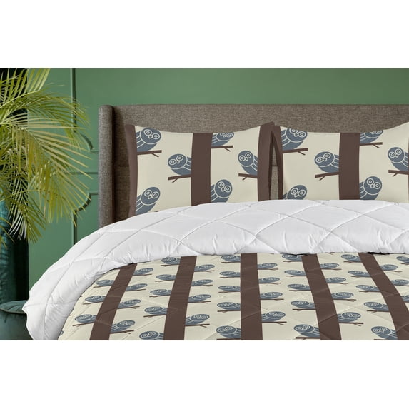 Ambesonne Owl Print Down Alternative Quilt Comforter, Birds on Tree Branches, Twin XL, Taupe Blue Grey and Eggshell