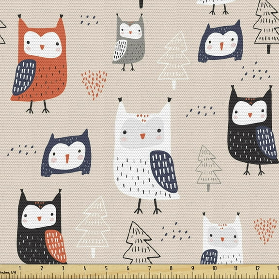Ambesonne Owl Print Fabric by the Yard Upholstery, Funny Birds Outline Trees, 5 Yards, Pale Peach Multicolor