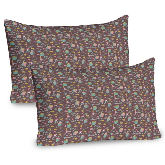 Ambesonne Owl Print Pillow Sham 2 Pack, Fall Forest Birds Hearts, 30"x20", Pale Chocolate Multicolor