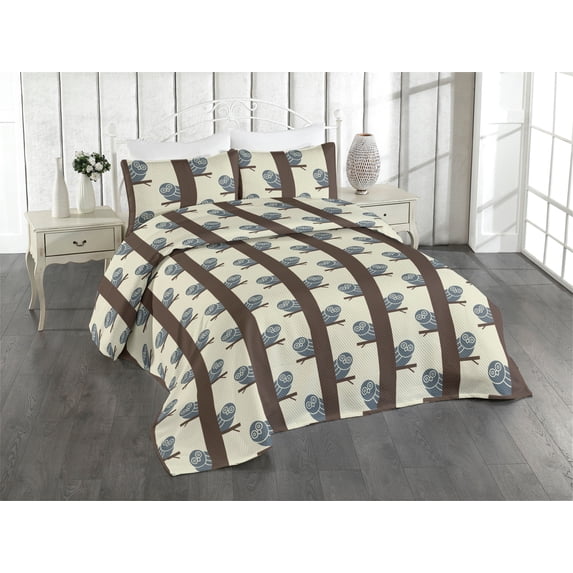 Ambesonne Owl Print Quilted Bedspread Set 3 Pcs, Birds on Tree Branches, King, Taupe Blue Grey and Eggshell