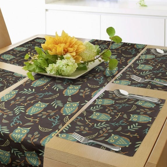 Ambesonne Owl Print Table Runner & Placemats, Night Birds Berries Art, Placemat 4 pcs + Runner 14"x90", Brown Green