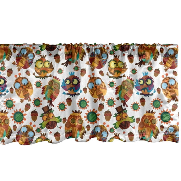 Ambesonne Owl Print Window Valance, Abstract and Funny Birds with Flowers and Acorns Repetition, Curtain Valance for Kitchen Bedroom Decor with Rod Pocket, 54" X 12", Multicolor