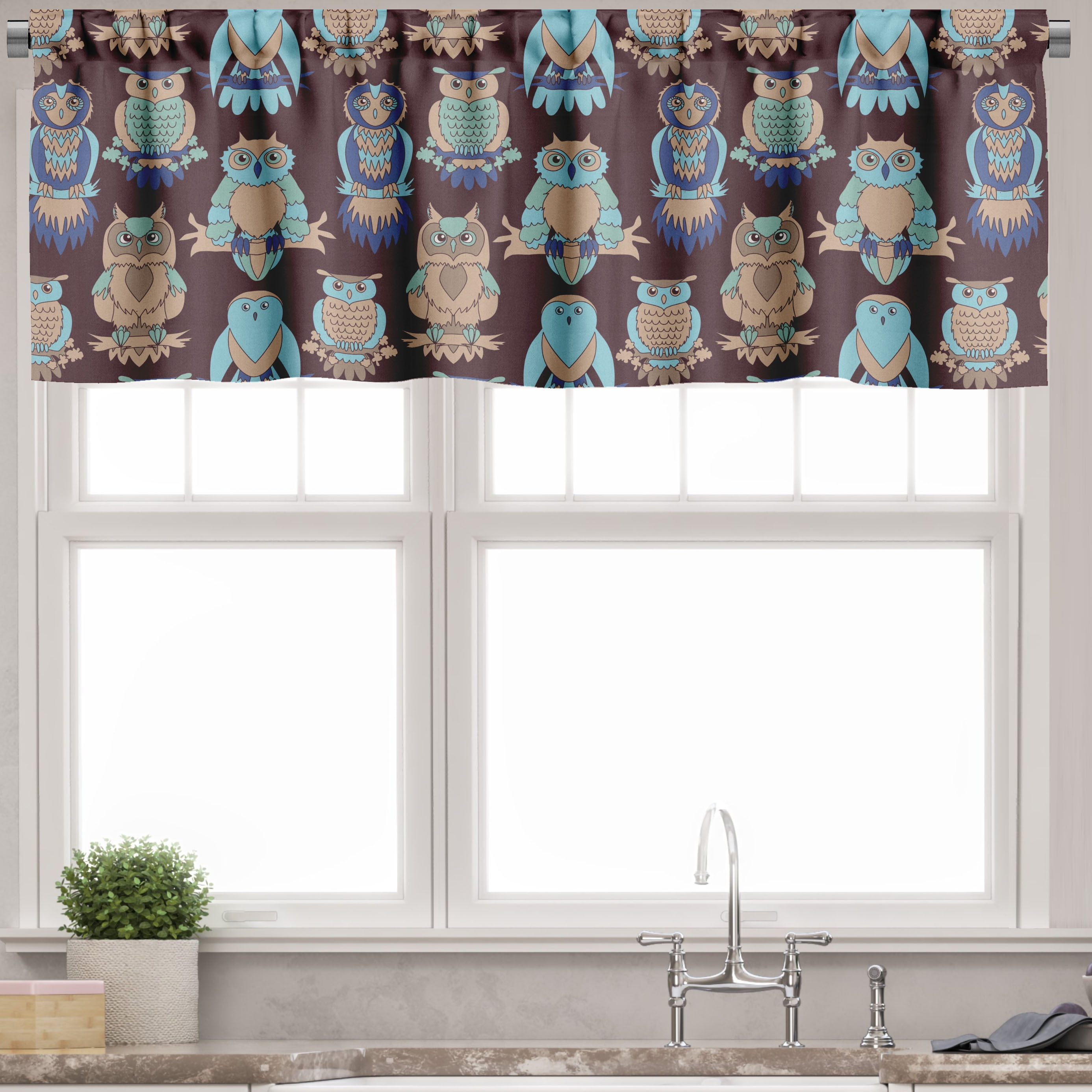Ambesonne Owl Print Window Valance, Abstract Pastel Birds, 54" X 18