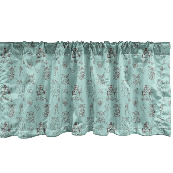 Ambesonne Owl Print Window Valance, Monochrome Vintage Night Birds Biking in Glasses Hats Cartoon, Curtain Valance for Kitchen Bedroom Decor with Rod Pocket, 54" X 18", Warm Taupe Seafoam