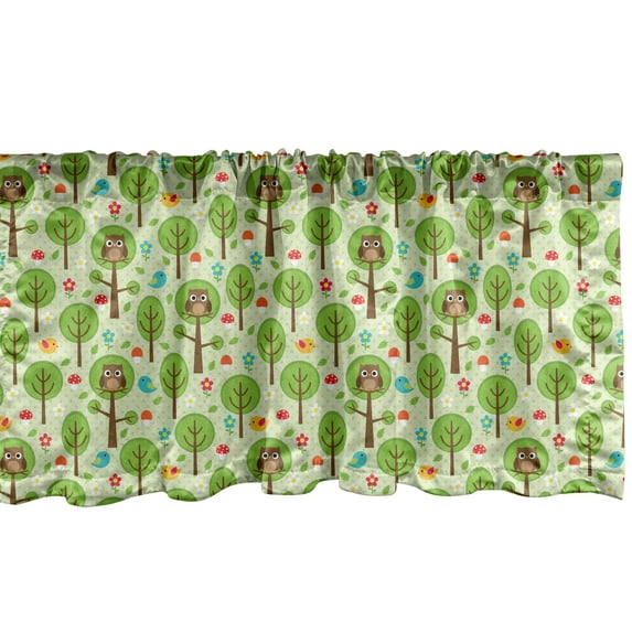 Ambesonne Owl Print Window Valance, Spring Forest Scenery, 42" x 18", Pastel Green Multicolor