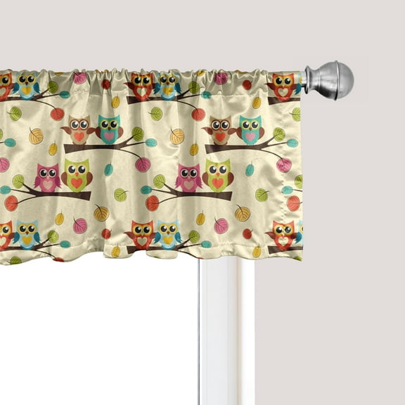 Ambesonne Owl Print Window Valance, Vivid Fallen Leaves Birds, 54" X 18", Cream and Multicolor