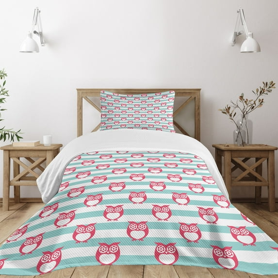 Ambesonne Owl Quilted Bedspread Set 2 Pcs, Flower Eyes Positive Mood, Twin Size, Turquoise Pink