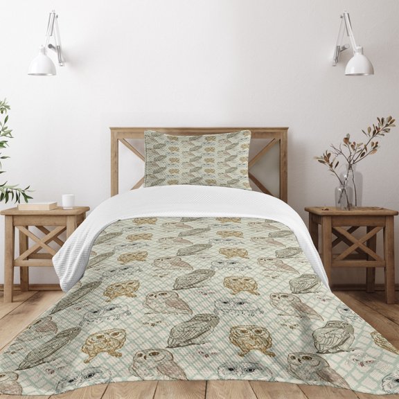 Ambesonne Owl Quilted Bedspread Set 2 Pcs, Sketch Cat Looking Birds, Twin Size, Brown Reseda Green