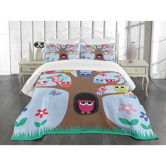 Ambesonne Owl Quilted Bedspread Set 3 Pcs, Birds and Butterflies, Queen Size, Multicolor