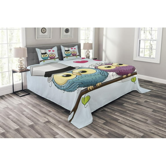 Ambesonne Owl Quilted Bedspread Set 3 Pcs, Cartoon Married Couple Fun, Queen Size, Purple Blue Pink