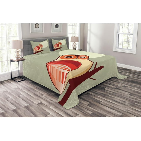 Ambesonne Owl Quilted Bedspread Set 3 Pcs, Full Moon Night Animal, Queen Size, Multicolor