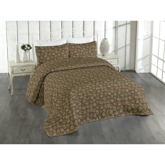 Ambesonne Owl Quilted Bedspread Set 3 Pcs, Night Bird Print Tribal Botany, King, Chocolate and Multicolor