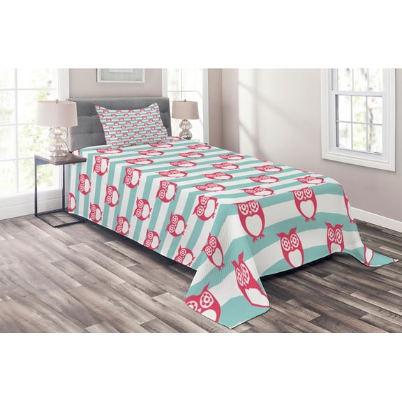 Ambesonne Owl Quilted Coverlet 2 Pcs, Flower Eyes Positive Mood, Twin Size, Turquoise Pink